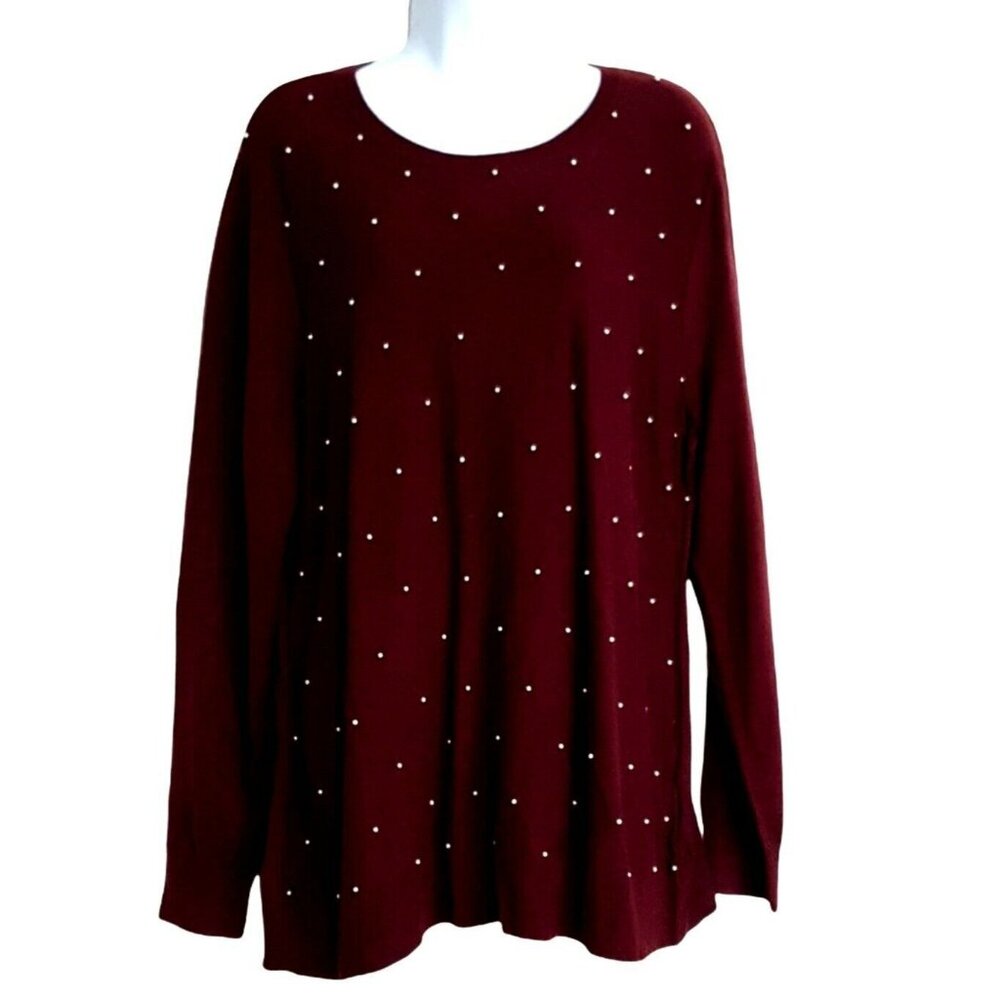 Womens Pull Over Sweater XL Long Sleeve Beaded Burgundy Crew Neck